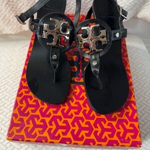Tory Burch Black Leather Miller Thong heels with Silver Medallions